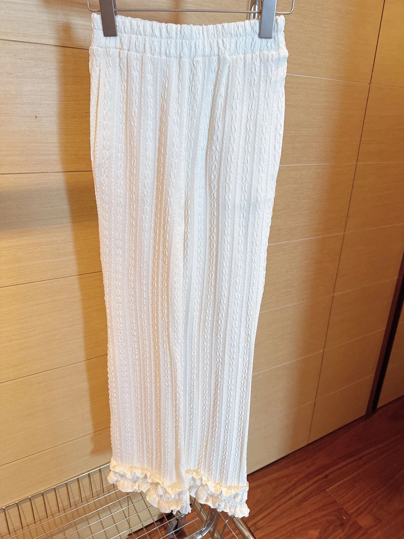 【张静芝】木耳边杏色松紧腰微喇休闲裤