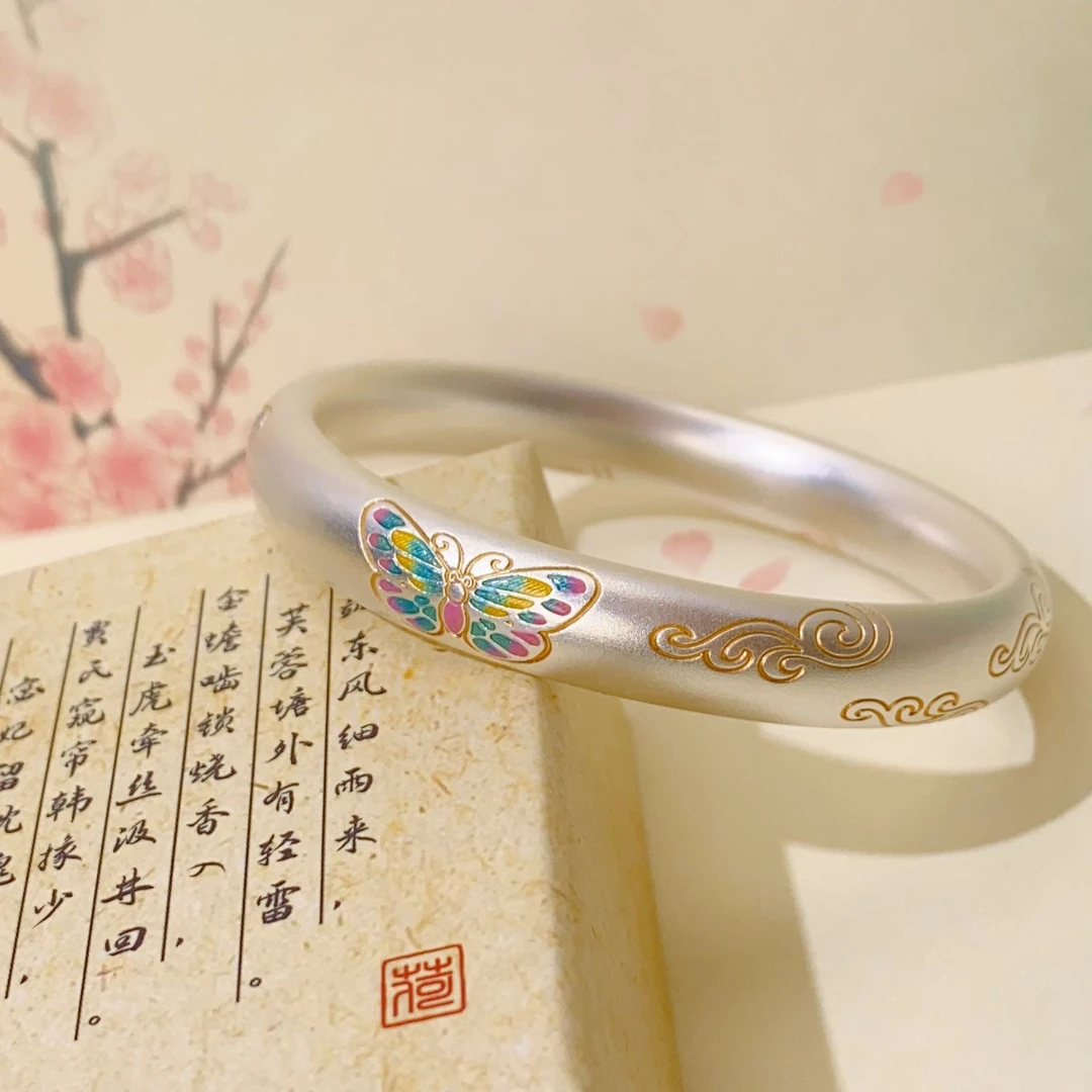 足银手镯 999.9手工中国风复古时尚百搭素款经典蝴蝶手镯