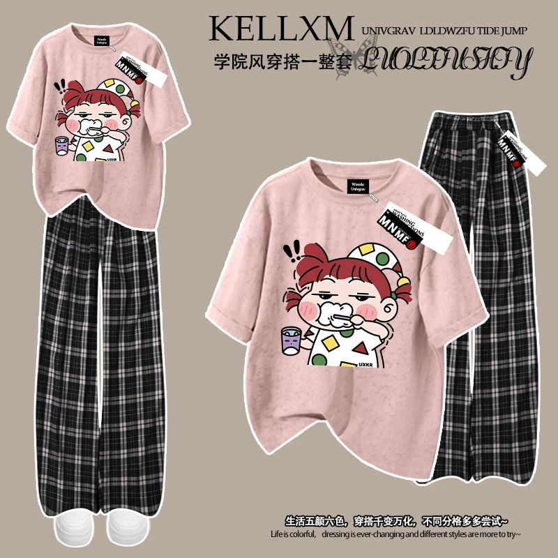 可爱女童夏季套装纯棉扎染短袖T恤格子裤洋气韩版妮妮印花中大童