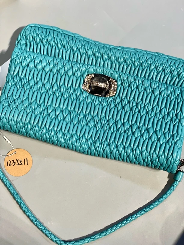 95新 MIU MIU/缪缪 夏七中古/蓝色褶皱宝石单肩包1235511