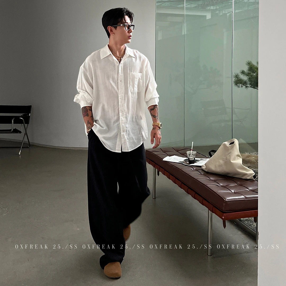 OXFREAK「极简风 口袋设计」亚麻混纺长袖衬衫男夏季薄款宽松衬衣