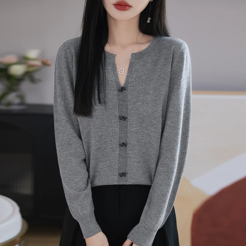 【36支100%羊毛】简约气质毛针织衫女春秋新款蝴蝶结V领显瘦内搭