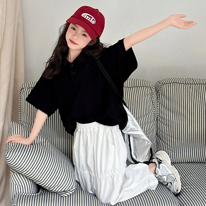 女童夏装polo领短袖T恤套装2025新款大童儿童韩版休闲半袖上衣薄t