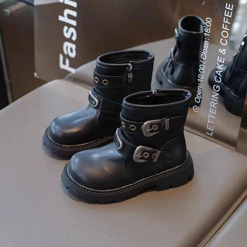 女童2025冬季新款软底防滑短靴皮面加绒时尚百搭马丁靴6088