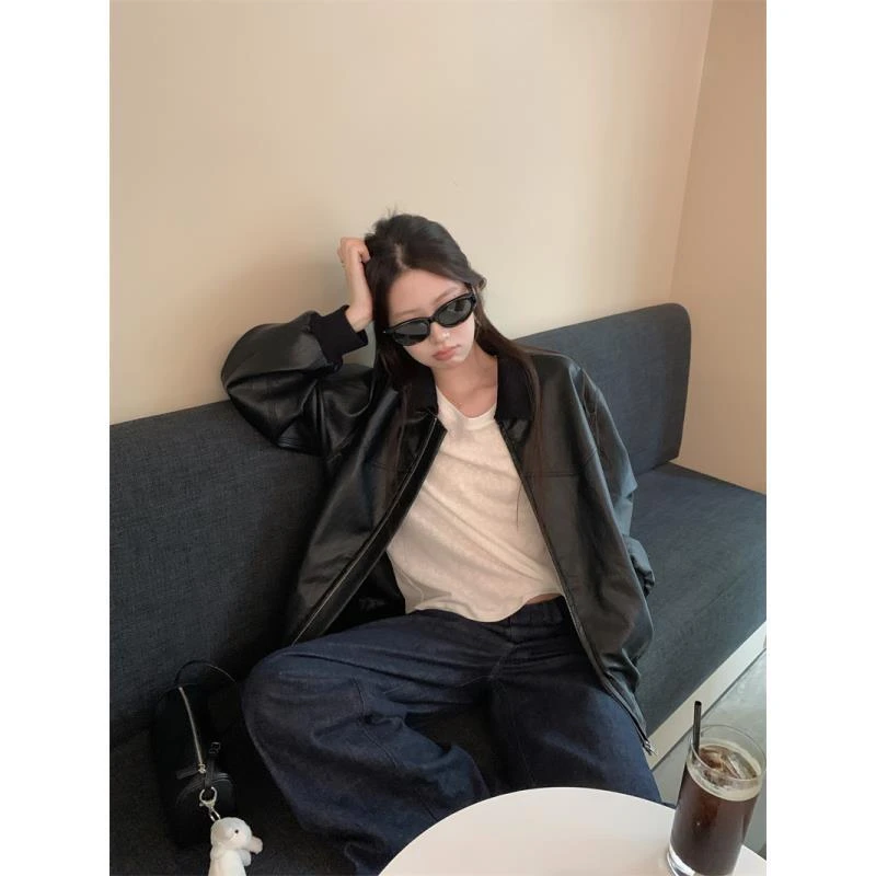 【OPENING自制】妮式穿搭 翻领拼接休闲夹克皮衣短外套