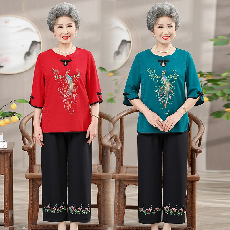 中老年人套装女奶奶夏装短袖妈妈款夏季老人衣服60岁70老太太唐装