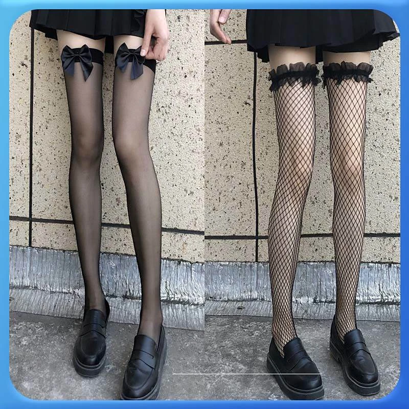 性感渔网袜蝴蝶结黑丝袜女夏季薄款长筒袜子女学生纯欲花边过膝袜