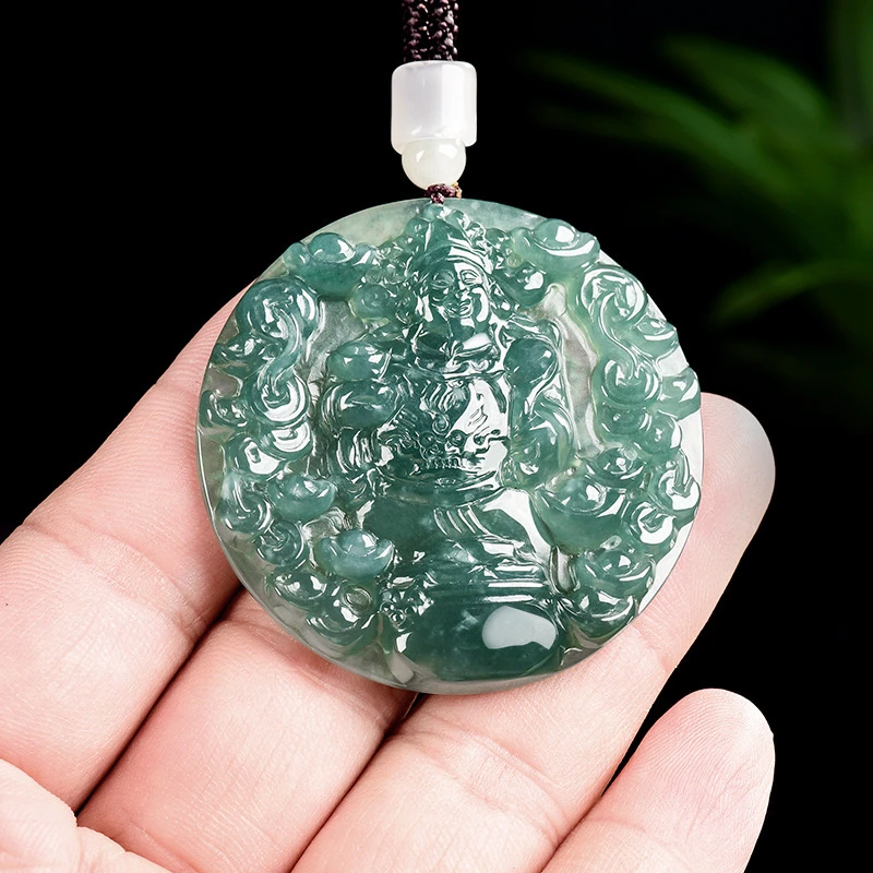 正品天然A货翡翠蓝水福禄财神冰种玉吊坠双面雕男女招财玉佩挂件