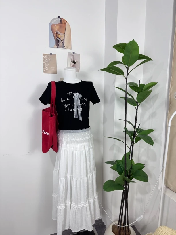 修身型极简风印花设计师白色T恤夏装蝴蝶结黑色修身