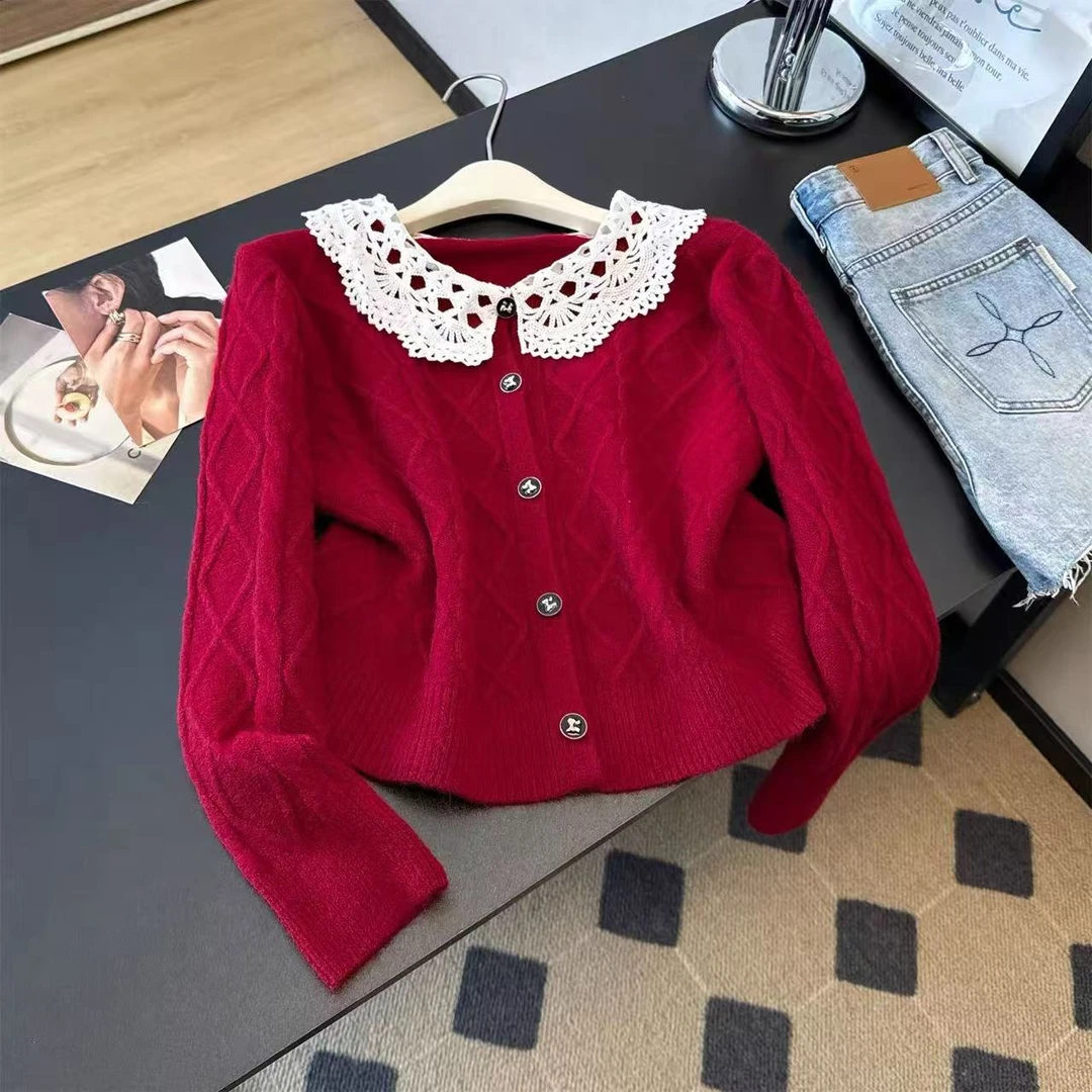 新款减龄花边娃娃领毛衣女秋冬新款韩系甜美小香风针织上衣#9343