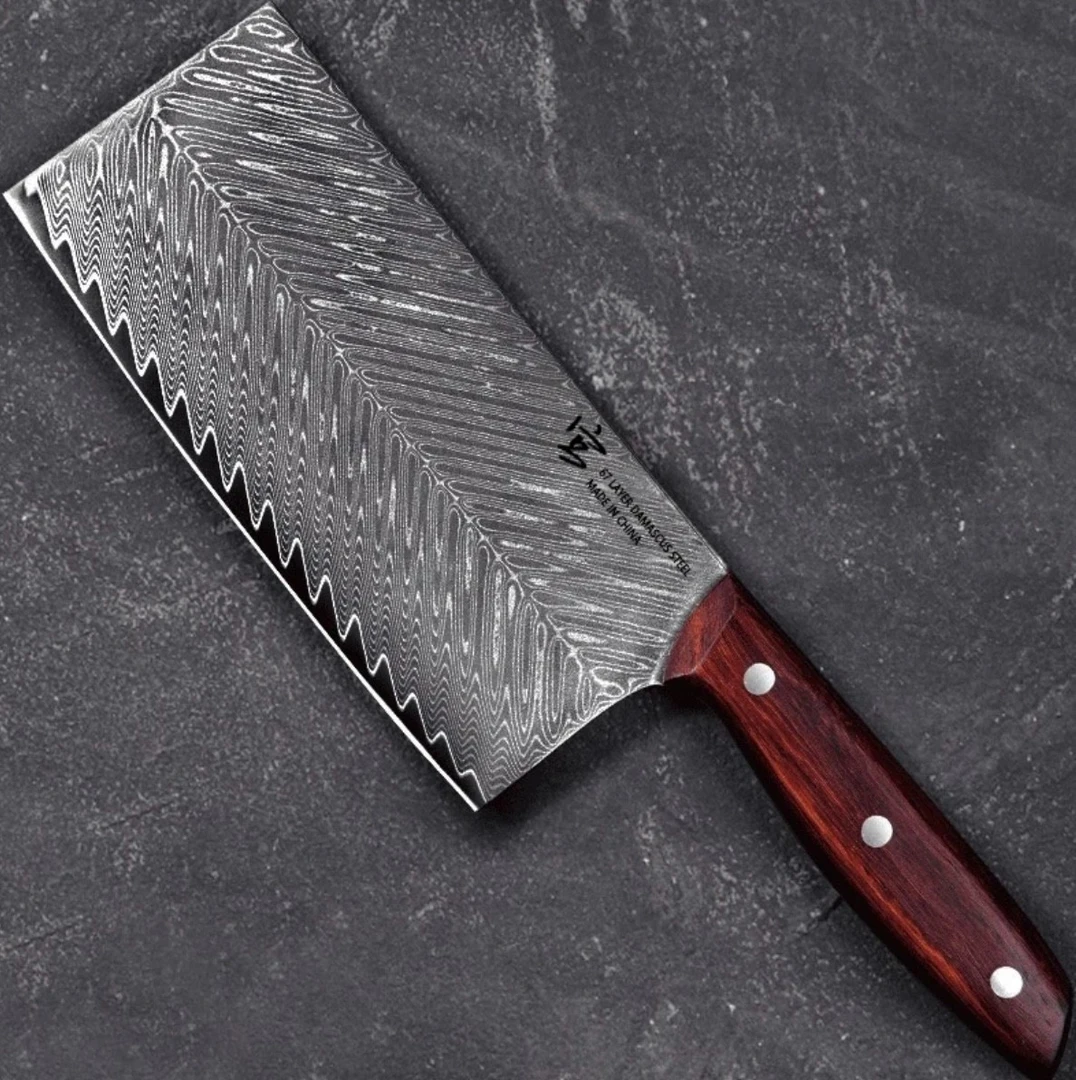 酸枝木手柄大马士革鱼骨纹中式切片10cr15mov硬度60-62