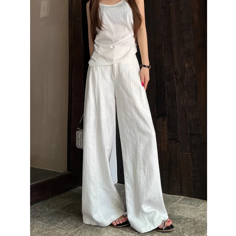 裤长112cm加长高个子白色苎麻休闲裤女高腰显瘦老钱风亚麻阔腿裤