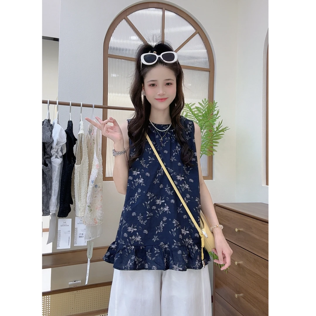 【三懿服饰】夏季新款圆领碎花无袖花边衬衣-1813