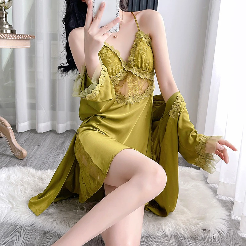 性感蕾丝边无袖夏季带胸垫女睡裙夏天长款薄款纯欲冰丝绸大码