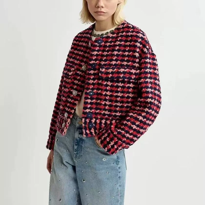 小香风格纹圆领粗花呢针织开衫外套（25030915）抖音商城爆款好物