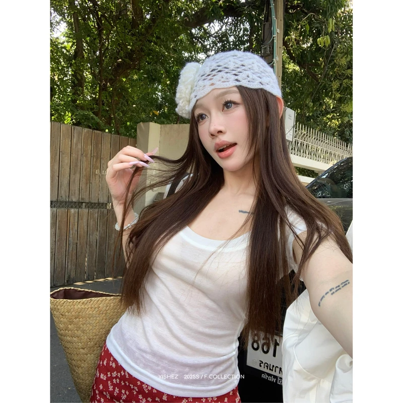 郭圆圆【氧气Tee】正肩大U领透感慵懒纯欲纯色上衣短袖t恤女