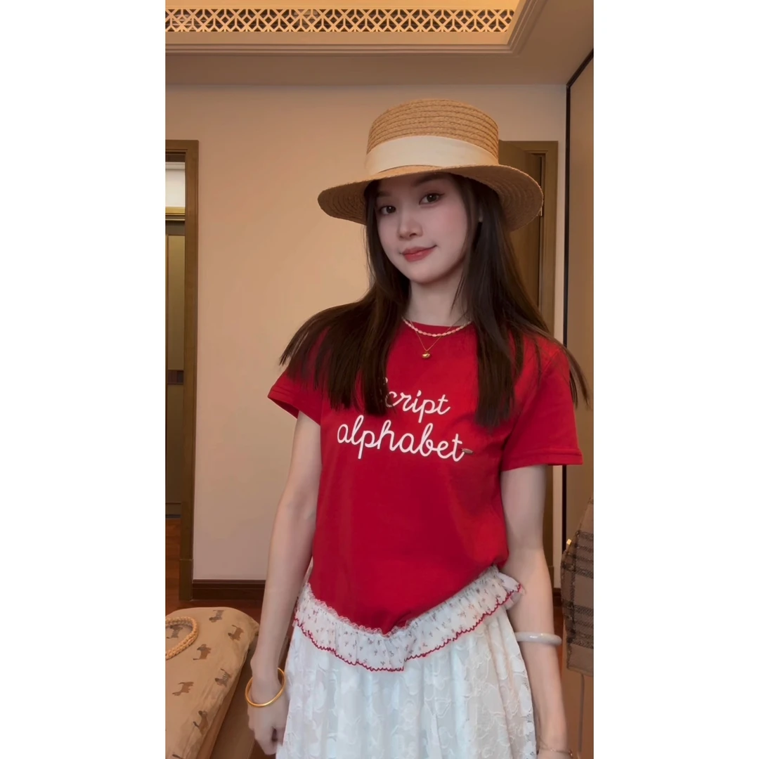 【蕾丝拼接】春季韩系花边蕾丝拼接英文T恤-DX202530