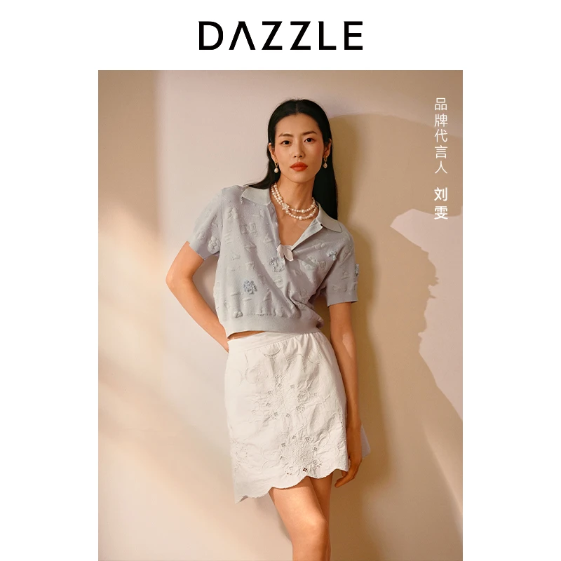 【刘雯同款】DAZZLE地素奥莱 半身裙新款女装镂空绣花短裙2I2S253
