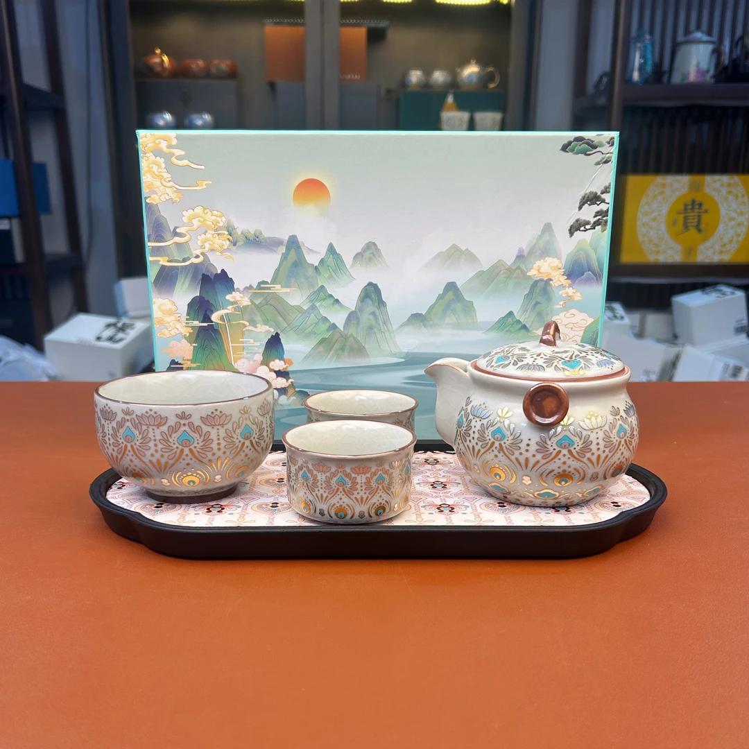 ZH3458-敦煌手抓一壶三杯带茶盘礼盒