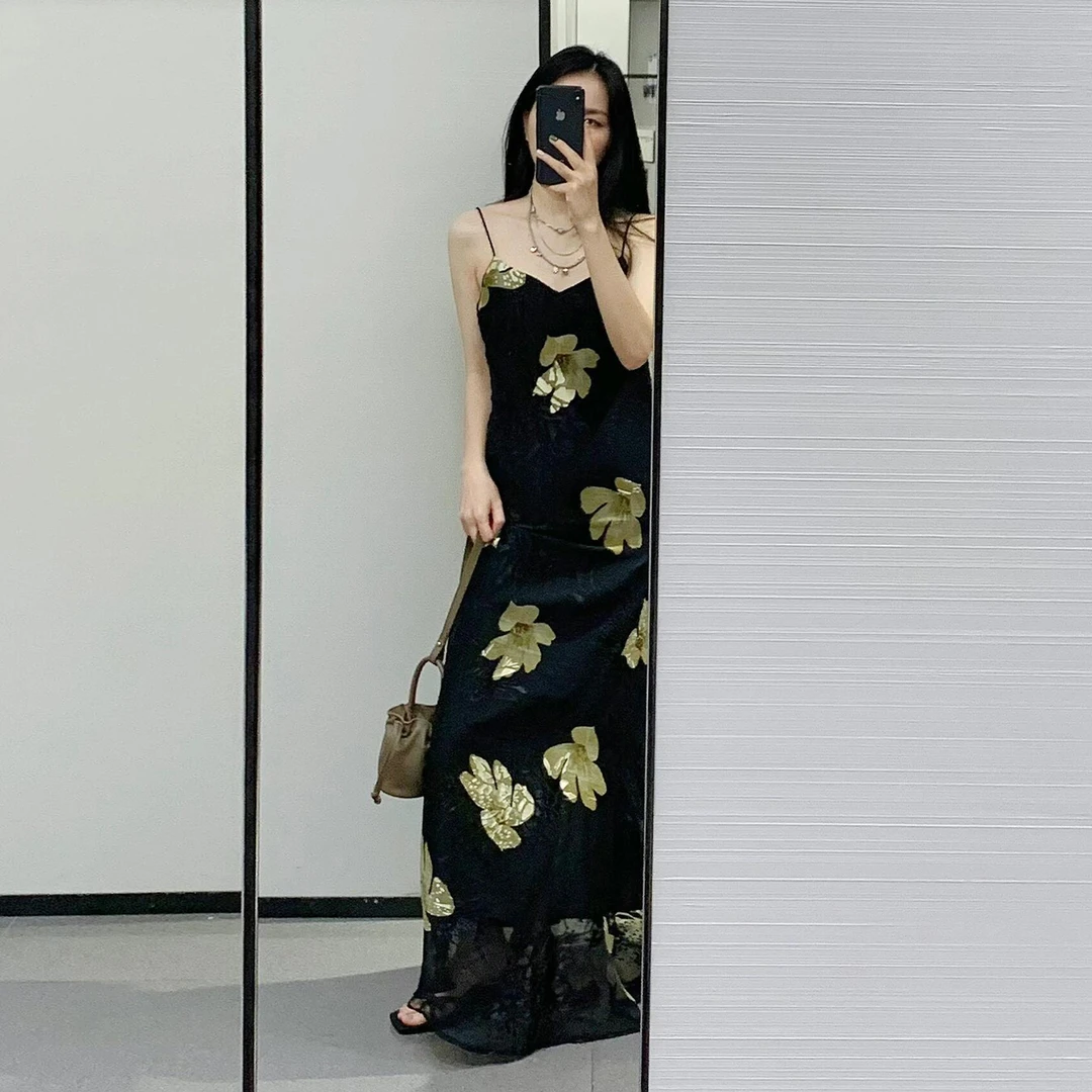 国风气质印花黑色吊带连衣裙子女夏季2025新款高级巨好看气质长裙