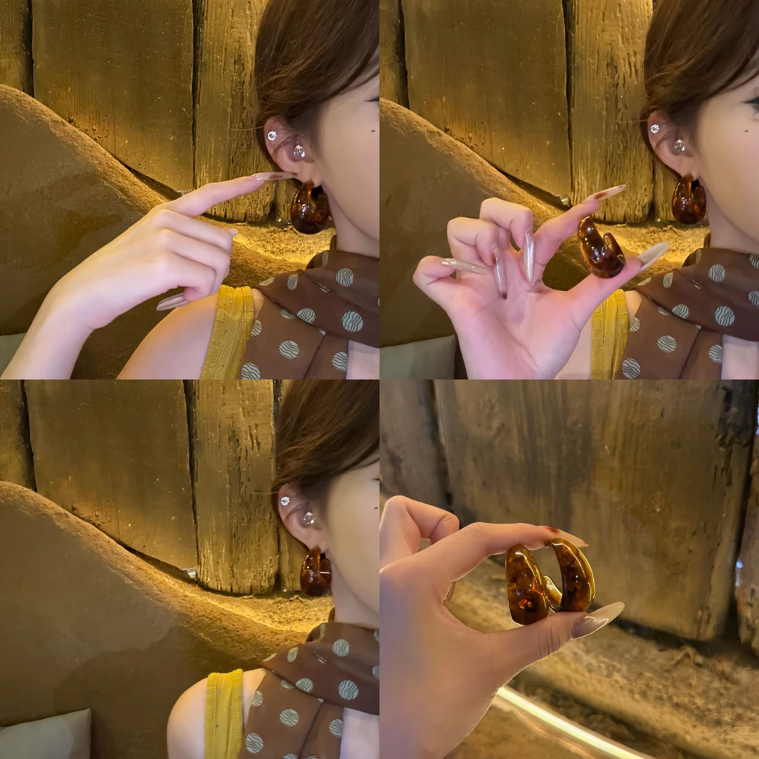 铜合金树脂耳饰 法式c型树脂琥珀耳钉独特圈圈耳环复古高级感耳饰