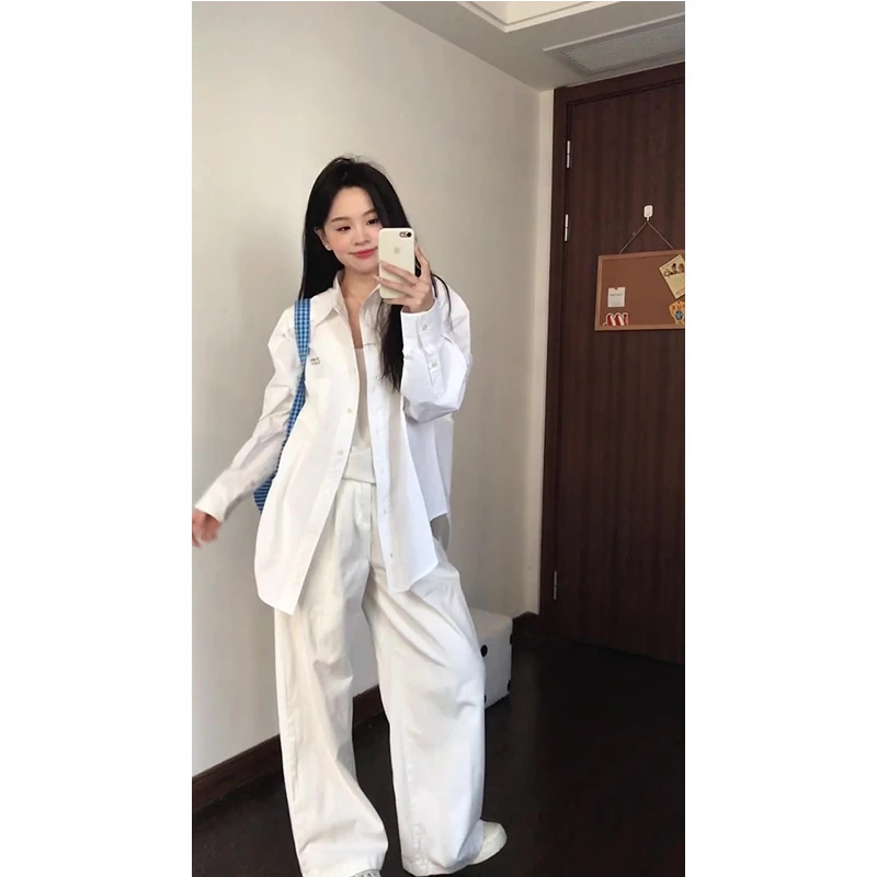 韩系学院风翻领白色衬衫女春秋新款老钱风宽松衬衣外套阔腿裤套装