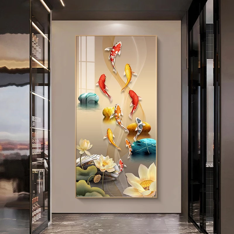 竖版新中式九鱼图轻奢入户玄关装饰画客厅走廊过道壁画寓意美好现