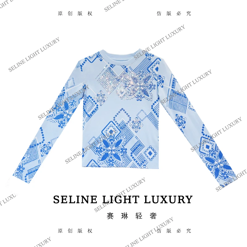 【25Q-686】七 2025 SELINE 新款印花时尚轻奢气质长袖T恤
