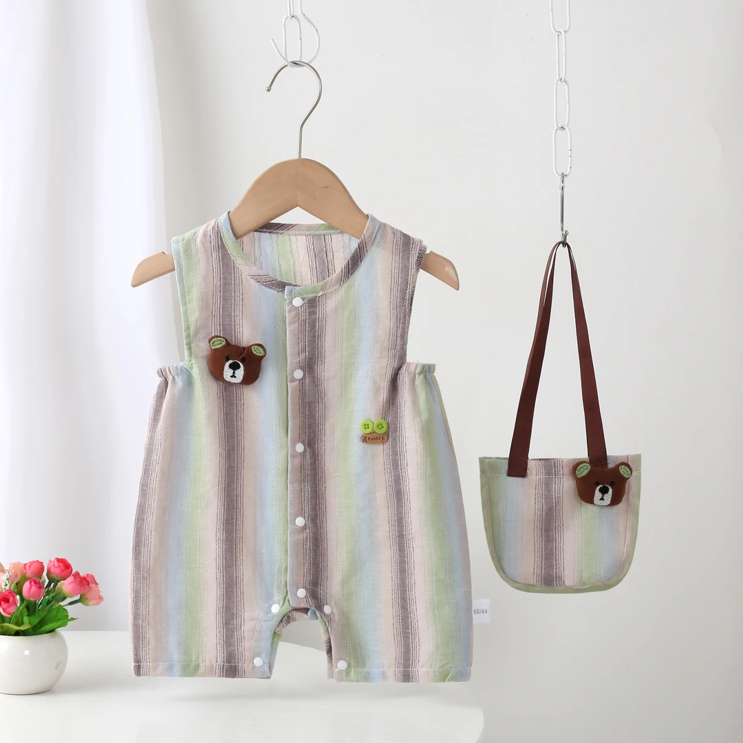 婴幼儿夏季新款带包竖条纹小熊夏连体简约时尚无袖可爱外出服