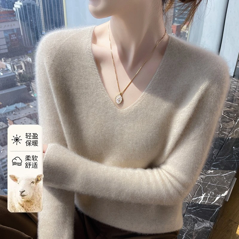 鄂尔多斯市100%羊绒衫女V领秋冬季薄款针织打底衫女百搭毛衣上衣
