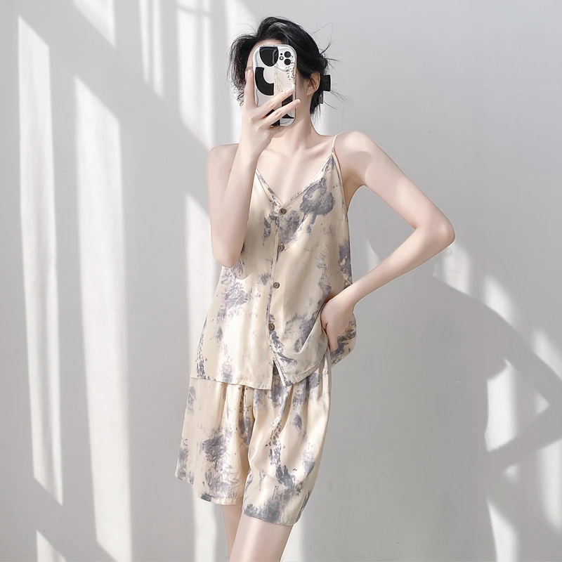 夏季绵绸睡衣女开衫吊带短裤宽松家居服夏天棉绸无袖背心可外穿新