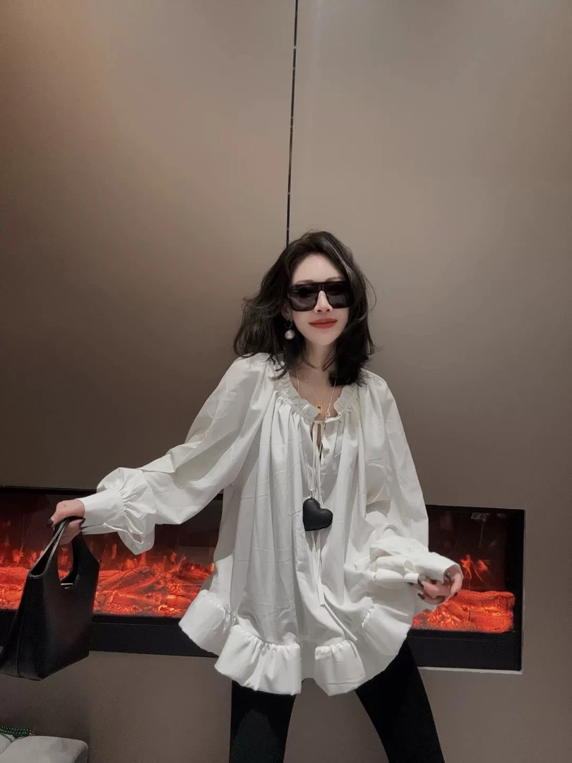 显瘦法式气质灯笼袖系带宽松荷叶摆长袖衬衫