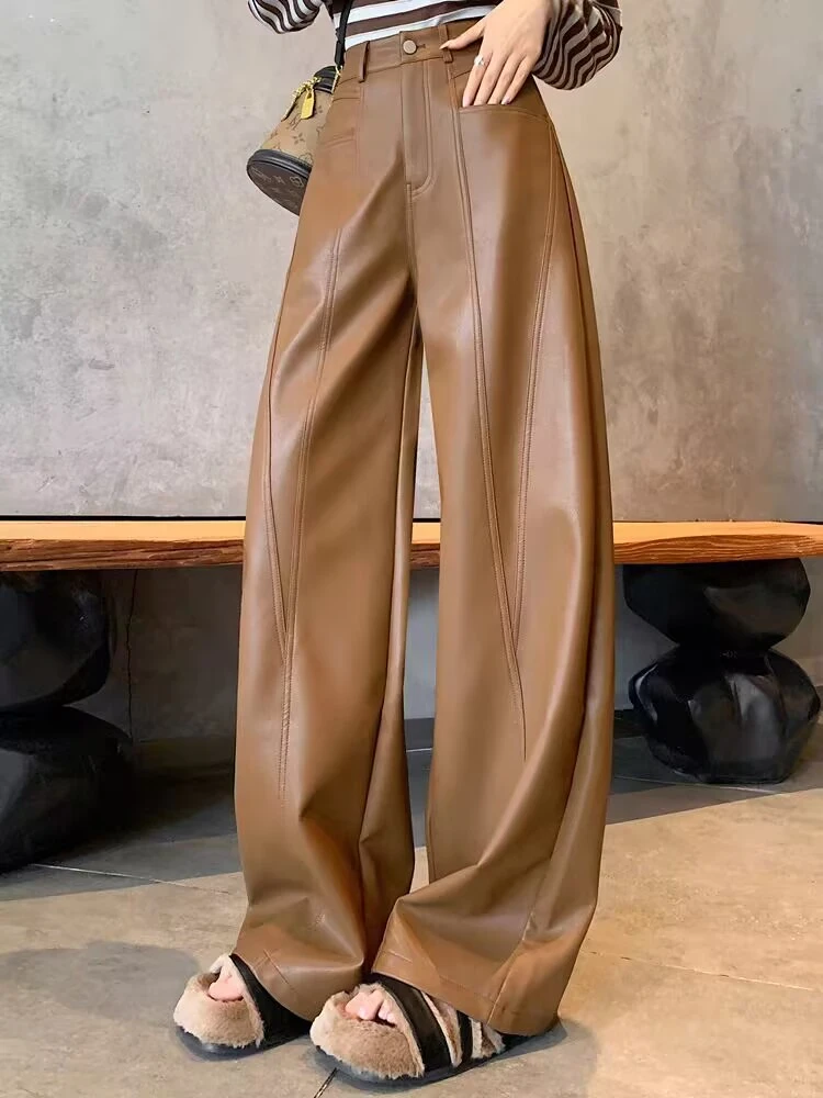 显瘦感咖色西装皮裤女款秋冬新款爆款高腰百搭宽松直筒弯刀阔腿裤
