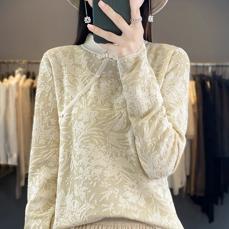 2025秋冬新款半高领中式盘扣蕾丝羊毛衫女宽松针织打底衫百搭毛衣