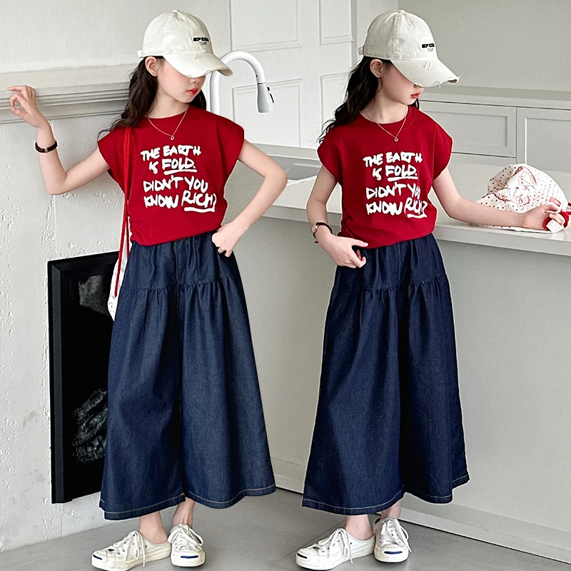 女童2025年夏季新款洋气中大童无袖印花坎肩T恤牛仔裤套装