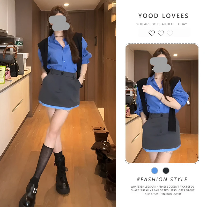 韩系搭配一整套春秋韩系穿搭高级感海蓝色衬衫短裙套装通勤女装潮