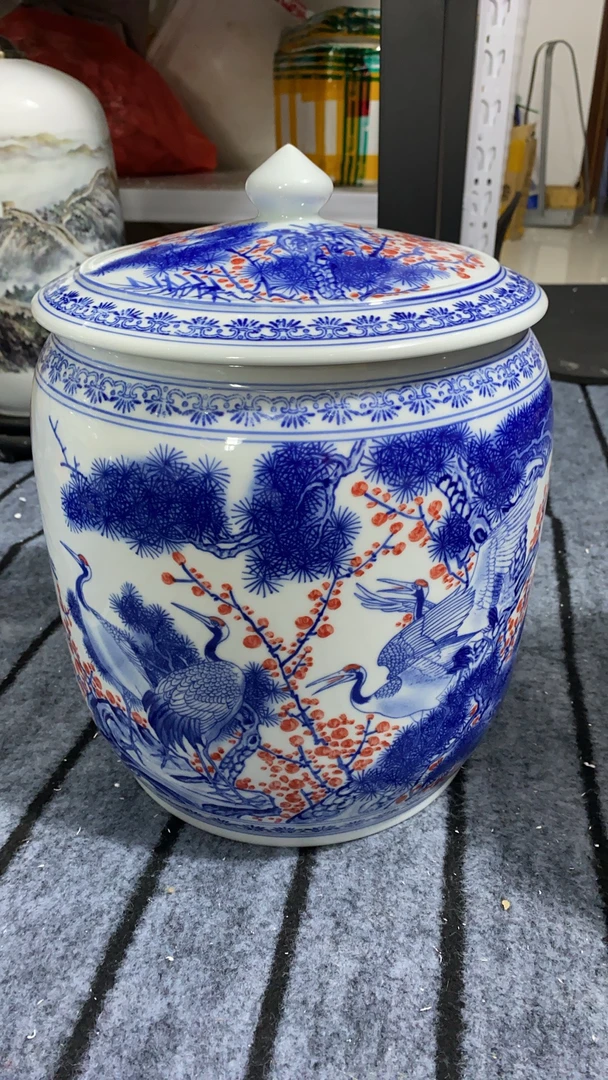 松鹤延年陶瓷冬瓜罐茶叶罐高36肚子27口22纪念瓷器景德镇釉中彩