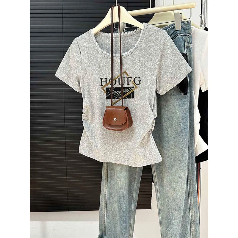 小众领口蕾丝拼接正肩时尚短袖t恤女2025新款收腰显瘦灰色上衣夏