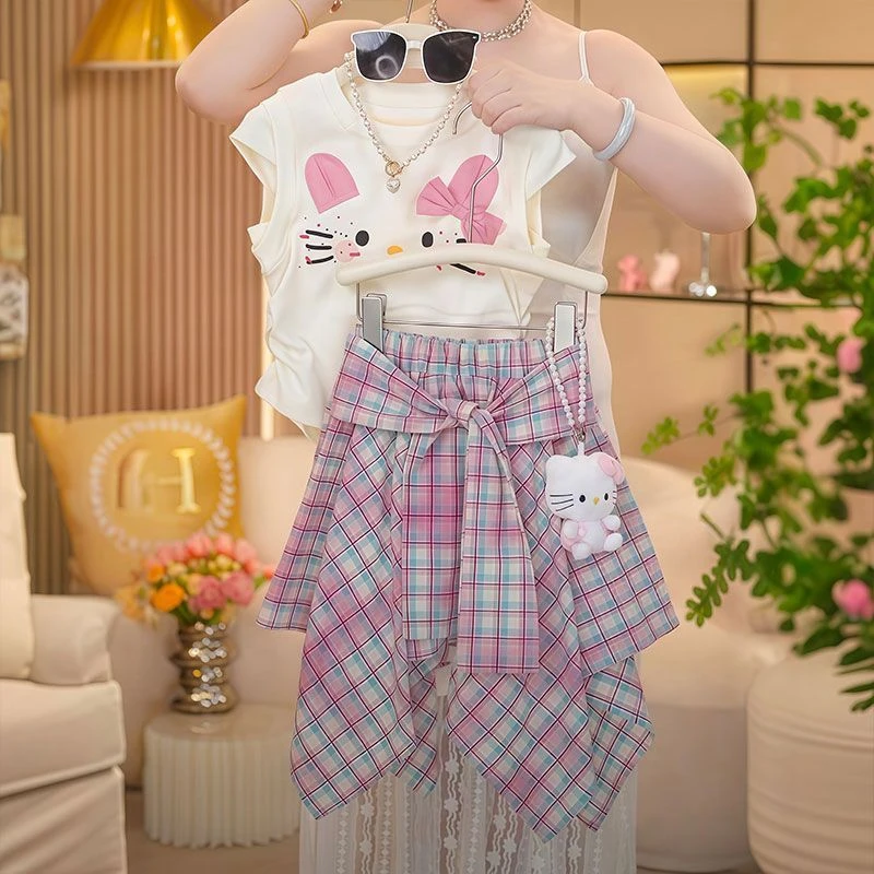 儿童套装夏季2025新款中大童甜美无袖印花上衣洋气半身裙两件套潮