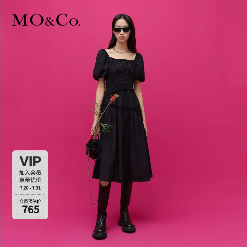 MOCO春季新中式泡泡袖打揽连衣裙小黑裙MBD1DRST32
