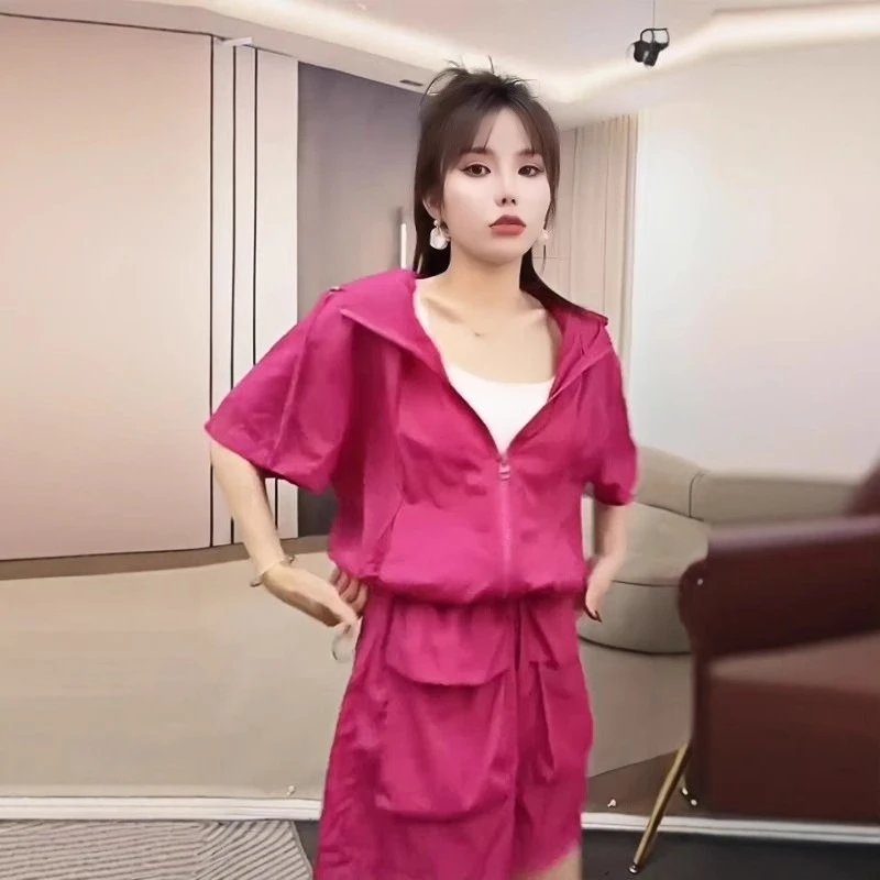 连帽时尚套装女2025夏季新款设计感短袖高腰短裤百搭洋气两件套潮
