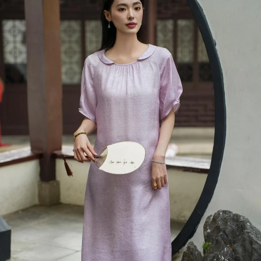 【桑蚕丝】觅萝香原创新中式2025春新款提花透孔萝植物短袖连衣裙