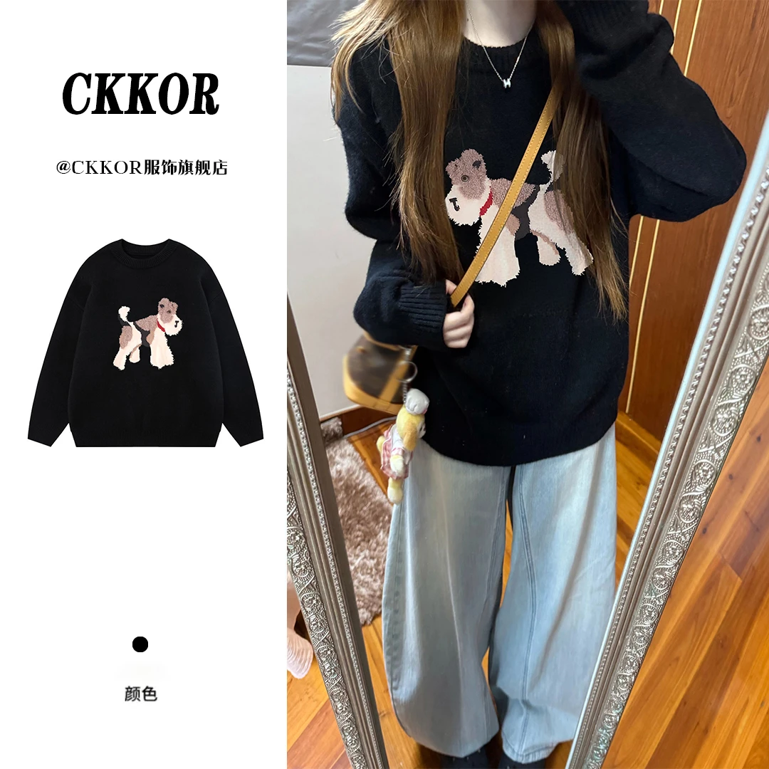 CKKOR秋冬季显瘦慵懒风圆领毛衣女卡通印花百搭设计感针织衫上衣