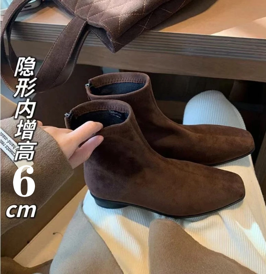 小个子内增高6cm法式方头复古棕色绒面粗跟短靴拉链平底马丁靴女