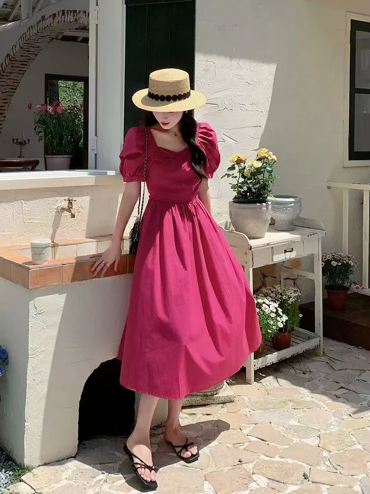 长裙气质甜美初恋收腰泡泡袖连衣裙显瘦小个子夏季