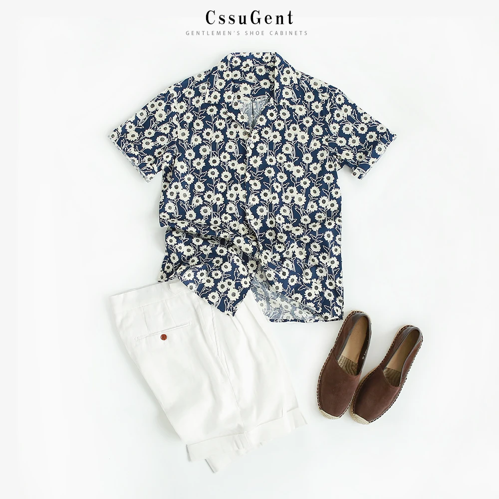 夏季夏威夷度假风系列 休闲薄款复古古巴领菊花短袖花衬衣男衬衫