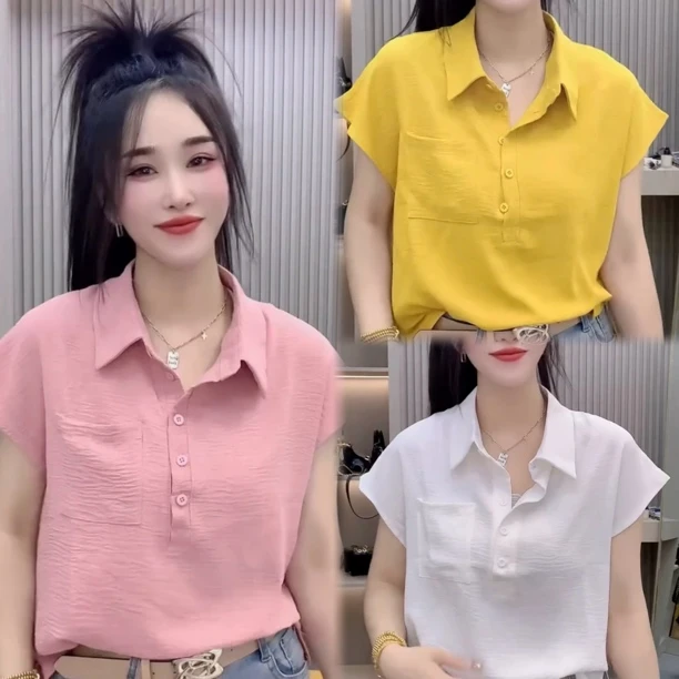 纯色拼接纽扣POLO领女士夏季休闲百搭减龄短袖衬衫大码