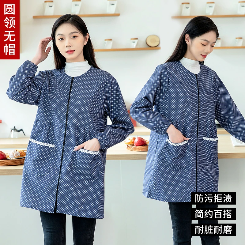 长袖女罩衣成人新款圆领时尚围裙厨房做饭家用外套耐磨拉链工作服