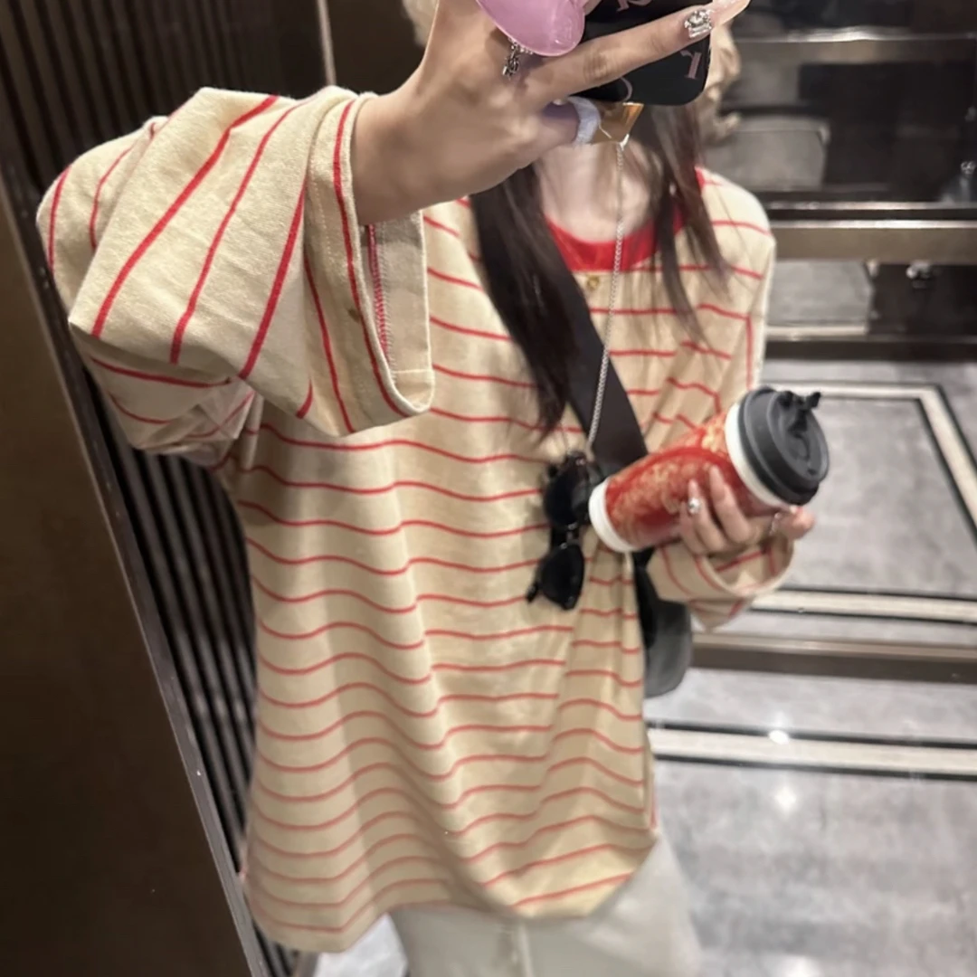 韩国东大门秋季新款宽松休闲圆领中长款撞色条纹长袖T恤上衣女潮