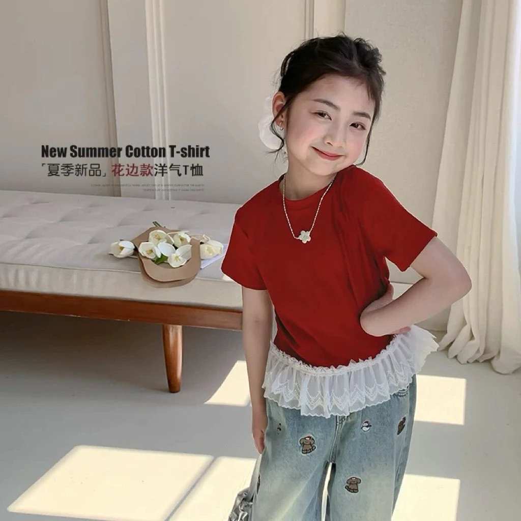 圆领T恤百搭女童夏装纯色打底衫薄款夏季修身短袖韩版洋气女宝宝